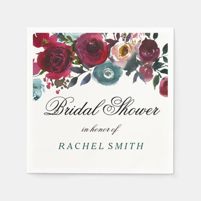 Boho Bordo Burgundy Red Flowers Bridal Shower Paper Napkins (Front)