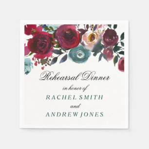 Boho Bordo Burgundy Red Flowers Rehearsal Dinner Paper Napkins
