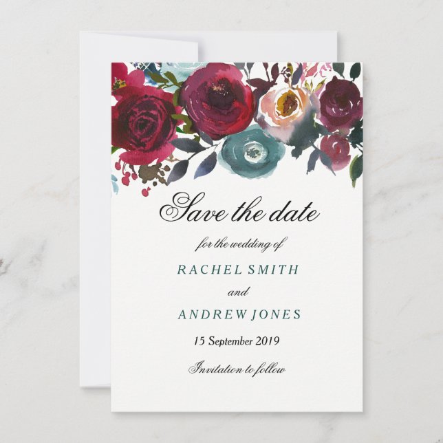 Boho Bordo Burgundy Red Flowers Save the date (Front)