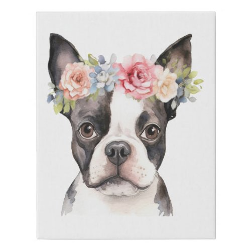 Boho Boston Terrier Flower Crown Watercolor Faux Canvas Print