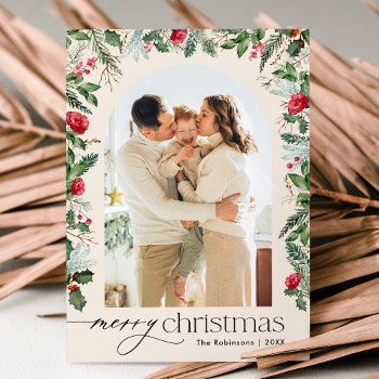 Boho Botanical Arch 1 Photo Merry Christmas Holiday Card by PeachBloome at Zazzle