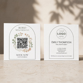 Boho Botanical Arched QR Code Square Business Card