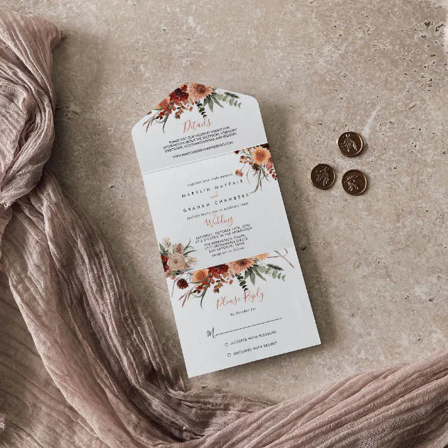 Boho Botanical Autumn Floral Wedding All In One Invitation | Zazzle