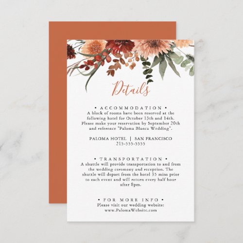 Boho Botanical Autumn Floral Wedding Details  Enclosure Card