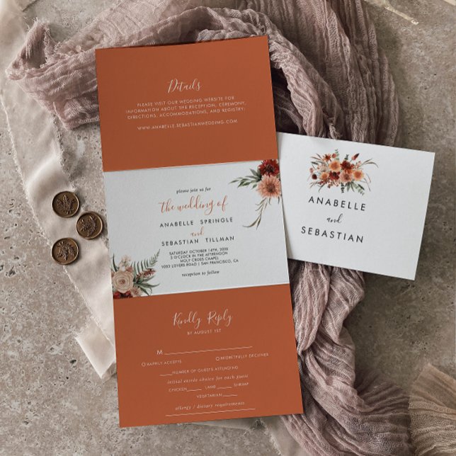 Boho Botanical Autumn Floral Wedding Tri-Fold Invitation (Creator Uploaded)