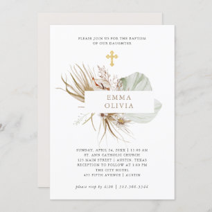 Boho Botanical Baptism with Gold Cross Invitation