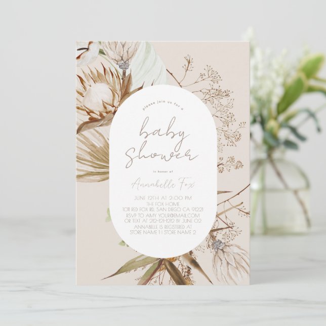 Boho Botanical Beige Baby Shower Invitation (Standing Front)