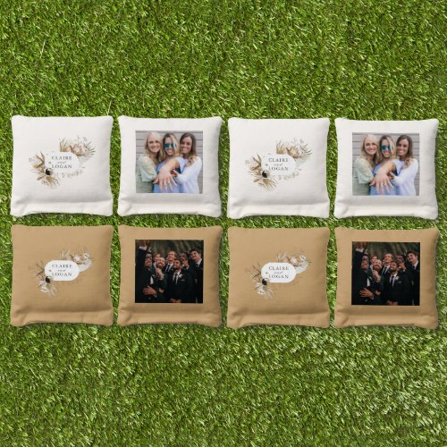 Boho Botanical Beige Wedding Monogram Cornhole Bags