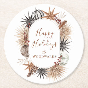 Boho Botanical Christmas Personalized Round Paper Coaster