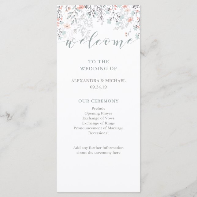 Boho Botanical Coral and Gray Wedding Program (Front)