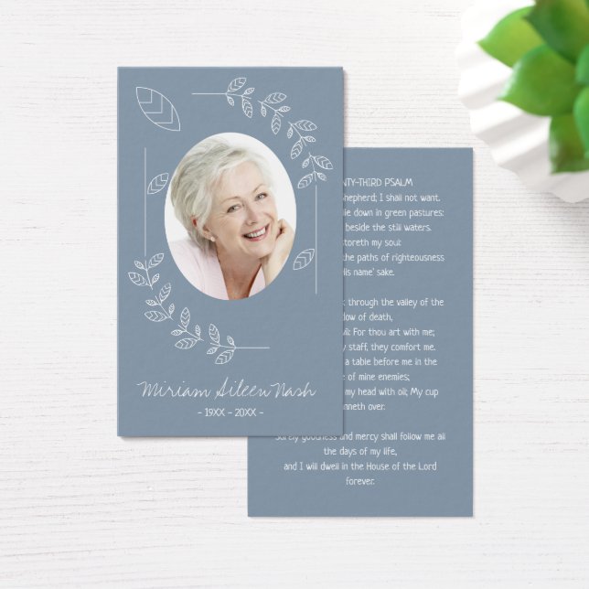 Boho Botanical Dusty Blue Photo Funeral Card (Desk)