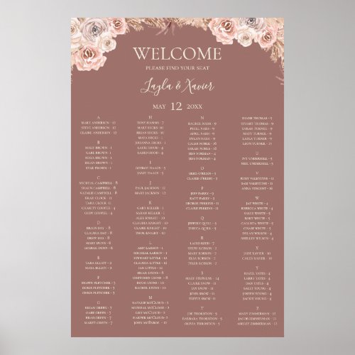 Boho Botanical  Dusty Rose Alphabetical Seating Poster