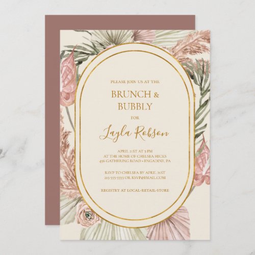 Boho Botanical Dusty Rose Brunch and Bubbly Shower Invitation