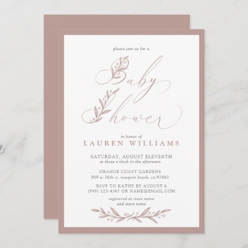 Boho Botanical Dusty Rose Pink Script Baby Shower Invitation