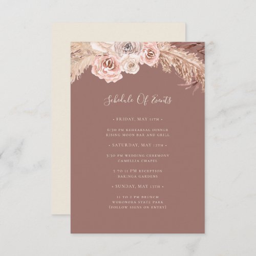 Boho Botanical Dusty Rose Schedule of Events Enclosure Card