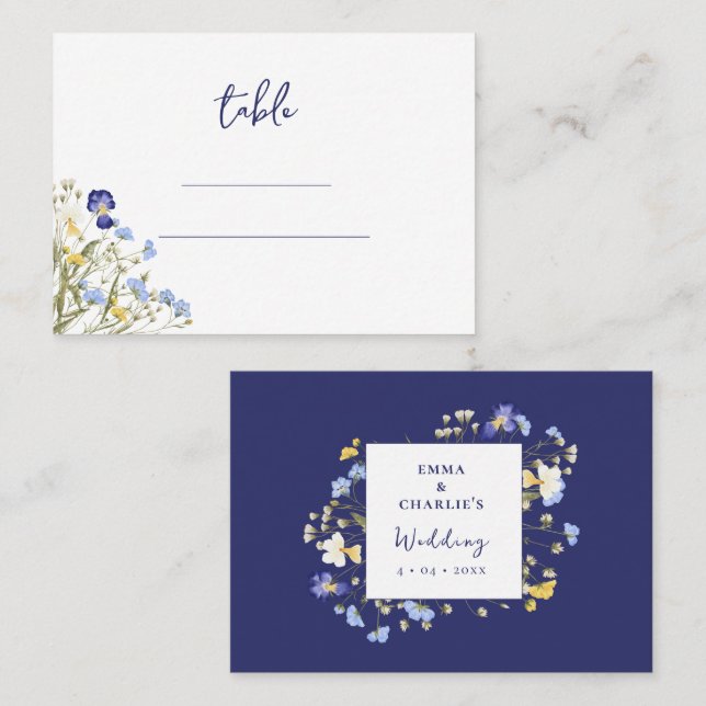 Boho Botanical Elegant blue Wildflowers Wedding Place Card (Front/Back)