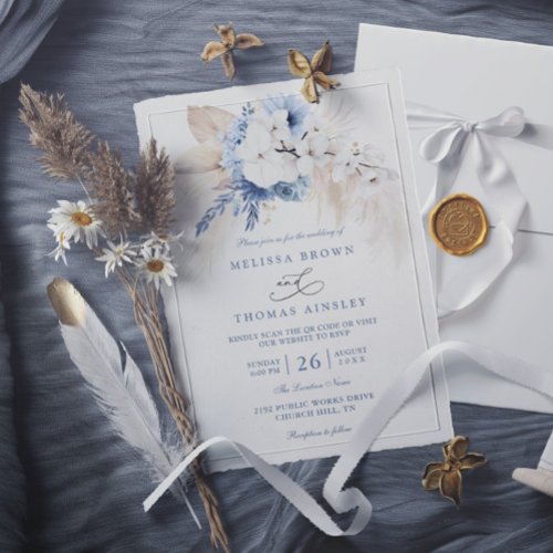 Boho Botanical Floral Modern Blue QR Code Wedding