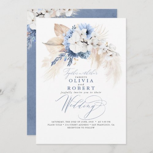 Boho Botanical Floral Modern Dusty Blue Wedding Invitation