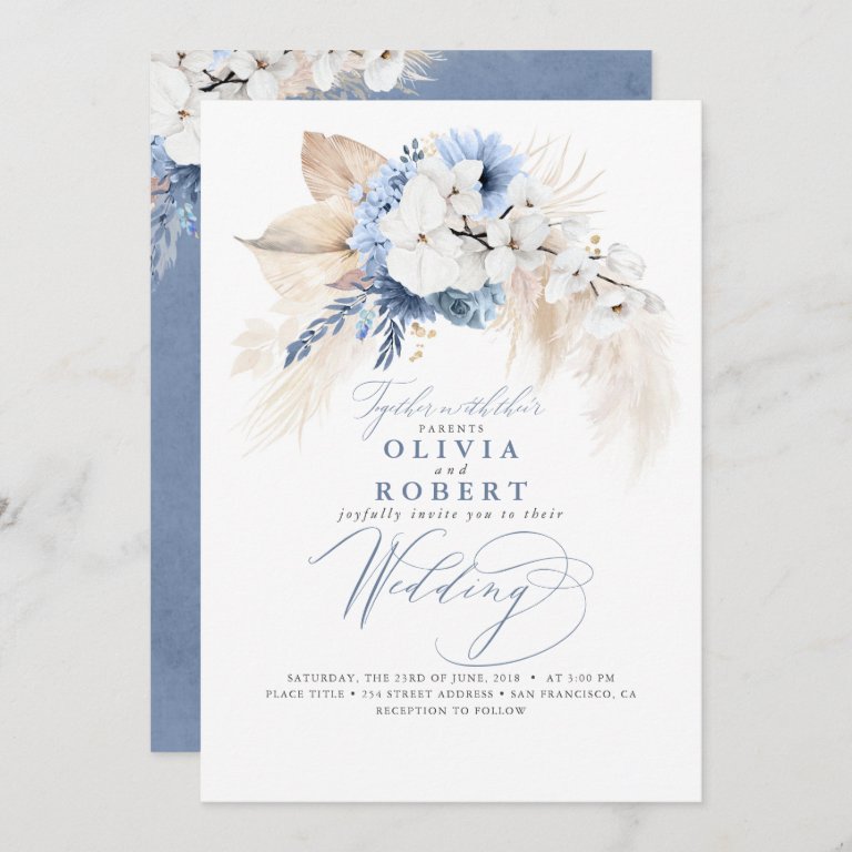 Boho Botanical Floral Modern Dusty Blue Wedding Invitation