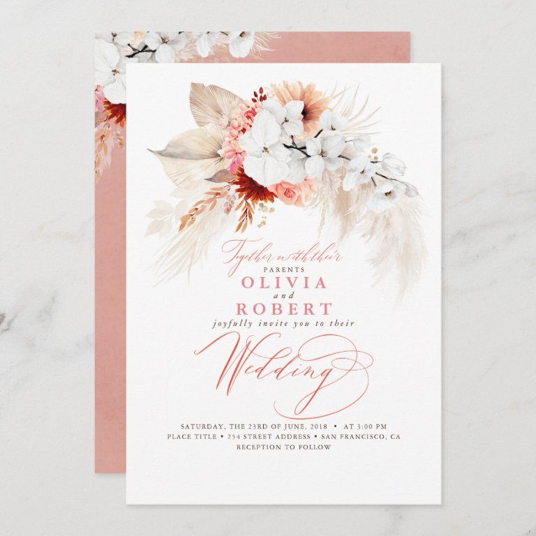 Boho Botanical Floral Modern Peach Pink Wedding Invitation