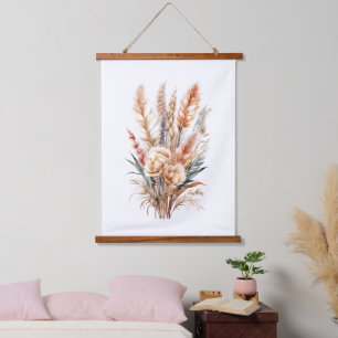 Boho Botanical Floral Pampas Grass Neutral Colors Hanging Tapestry