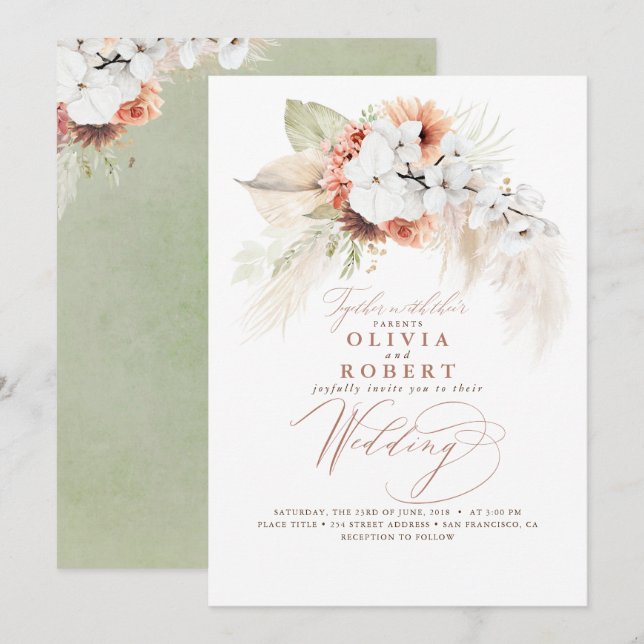 Boho Botanical Floral Terracotta Sage Wedding Invitation (Front/Back)