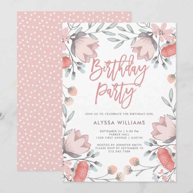 Boho Botanical Flowers Birthday Party Invitation (Front/Back)