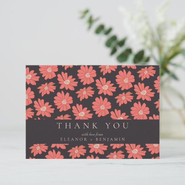 Boho Botanical Flowers Black Red Custom Wedding Thank You Card (Standing Front)