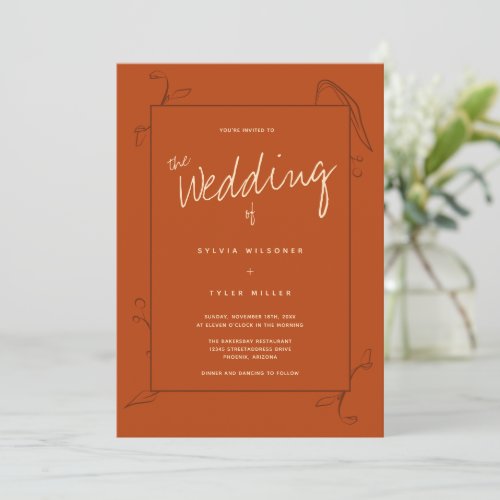 Boho Botanical Frame Burnt Orange Wedding Invitation