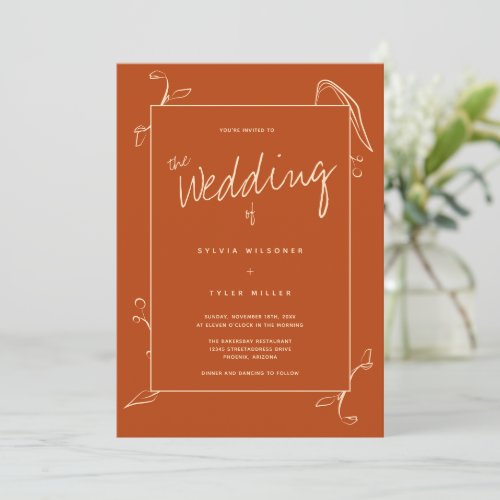 Boho Botanical Frame Burnt Orange Wedding Invitation