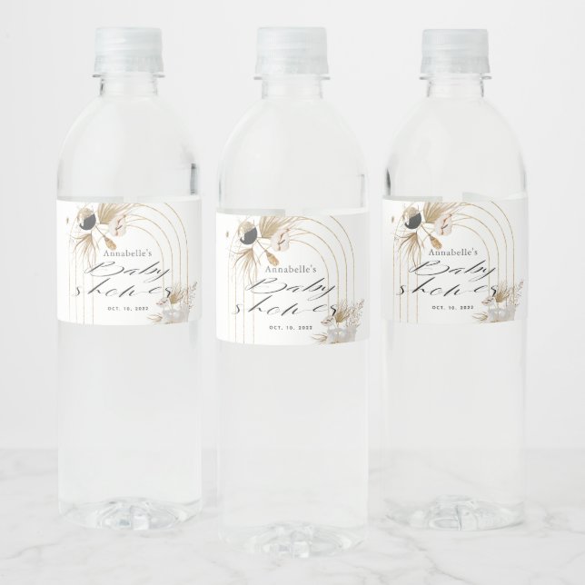 Boho Botanical Gold Arches Baby Shower Water Bottle Label (Bottles)