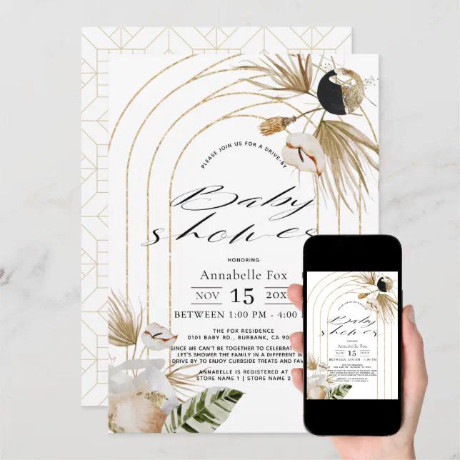 Boho Botanical Gold Arches Driveby Baby Shower Invitation Zazzle