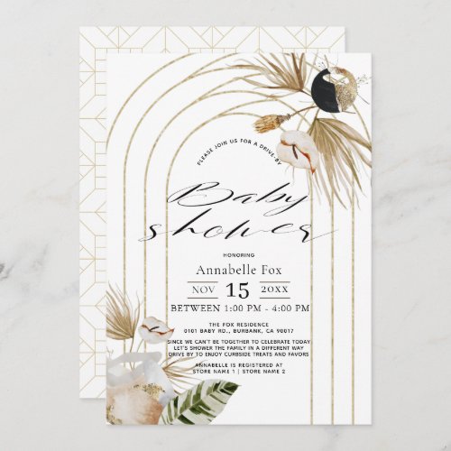 Boho Botanical Gold Arches Drive_by Baby Shower Invitation
