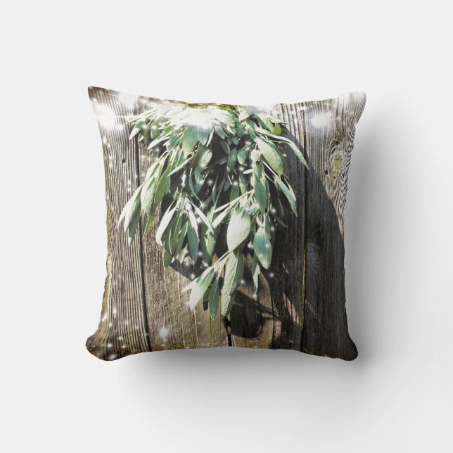Boho botanical green herbs barn wood twinkle light throw pillow (Front)