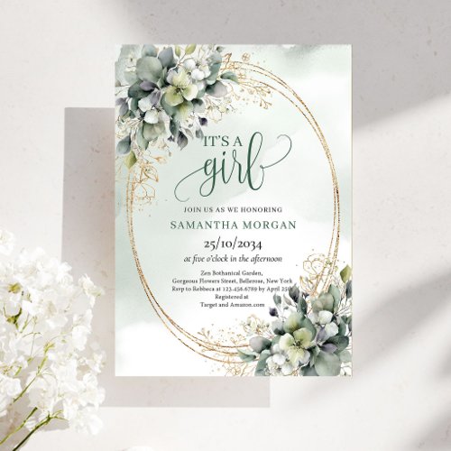 Boho Botanical Green White Foliage It’s A Girl Invitation