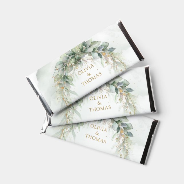 Boho botanical greenery leaf gold Wedding Hershey Bar Favors (Front)