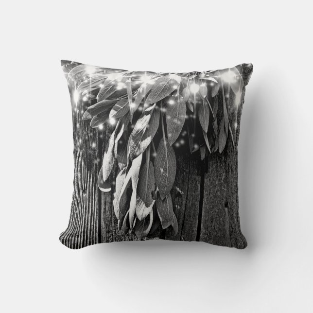 Boho botanical herb leaves Barnwood Twinkle Lights Throw Pillow (Front)