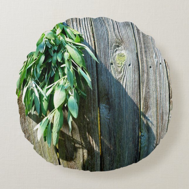 Boho botanical herb leaves rustic Barn-wood  Round Pillow (Front)