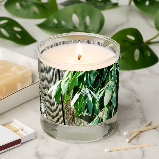Boho botanical herb leaves rustic Barn-wood  Scented Candle (Lit)