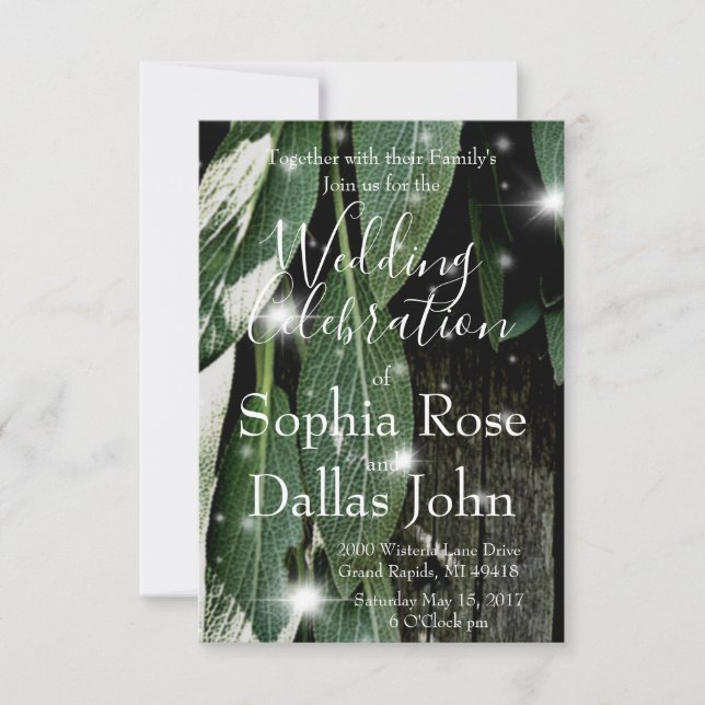 Boho botanical herb leaves rustic Barn-wood script Invitation (Front)