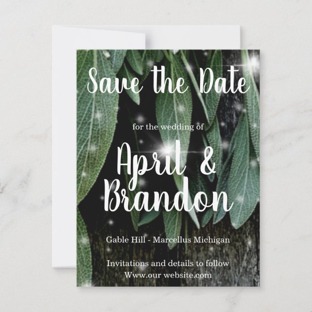 Boho botanical herb leaves rustic Barn-wood script Save The Date (Front)