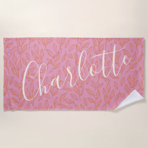 Boho Botanical Leaf Pattern in Pink Personalized Beach Towel