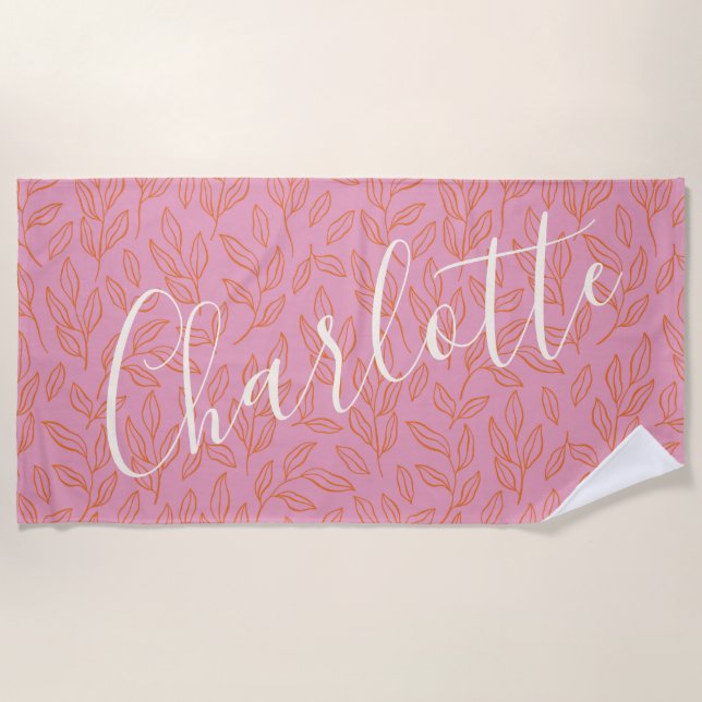 Boho Botanical Leaf Pattern in Pink Personalized  Beach Towel (Front)