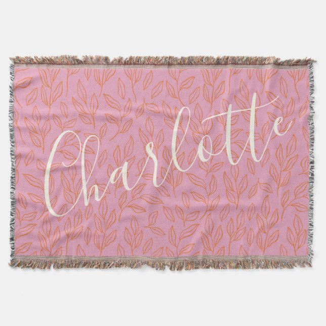Boho Botanical Leaf Pattern in Pink Personalized  Throw Blanket (Front)