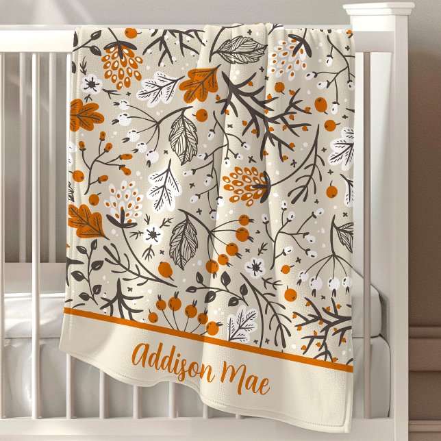 Boho Botanical Leaves And Berries Personalized Baby Blanket (Creator Uploaded)