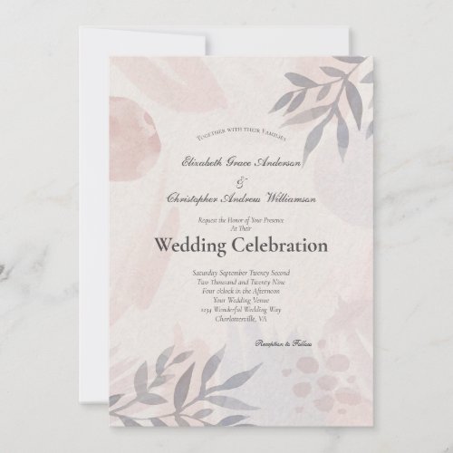 Boho Botanical Leaves Pink Blue Watercolor Wedding Invitation