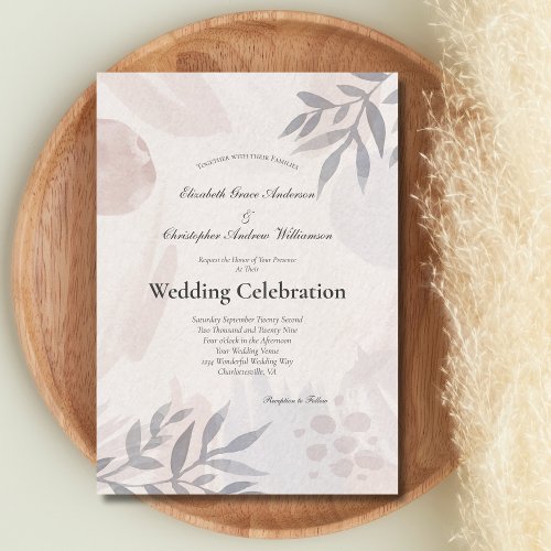 Boho Botanical Leaves Pink Blue Watercolor Wedding Invitation