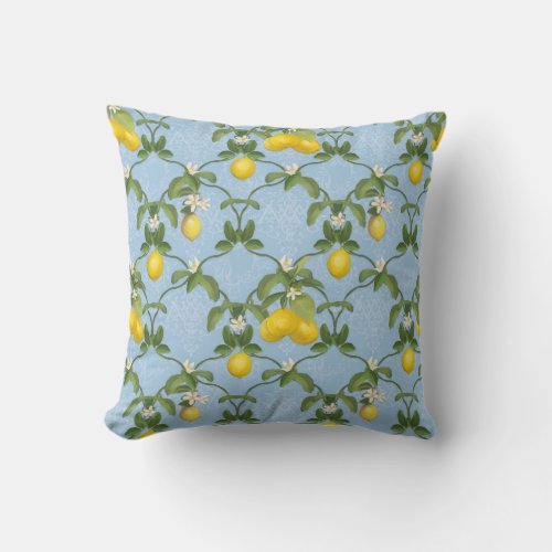 BOHO Botanical Lemon Citrus Floral Style Blue Throw Pillow