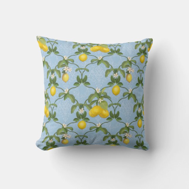 BOHO Botanical Lemon Citrus Floral Style Blue Throw Pillow (Front)