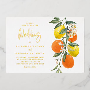 Boho Botanical Lemons and Oranges Garland Wedding Foil Invitation